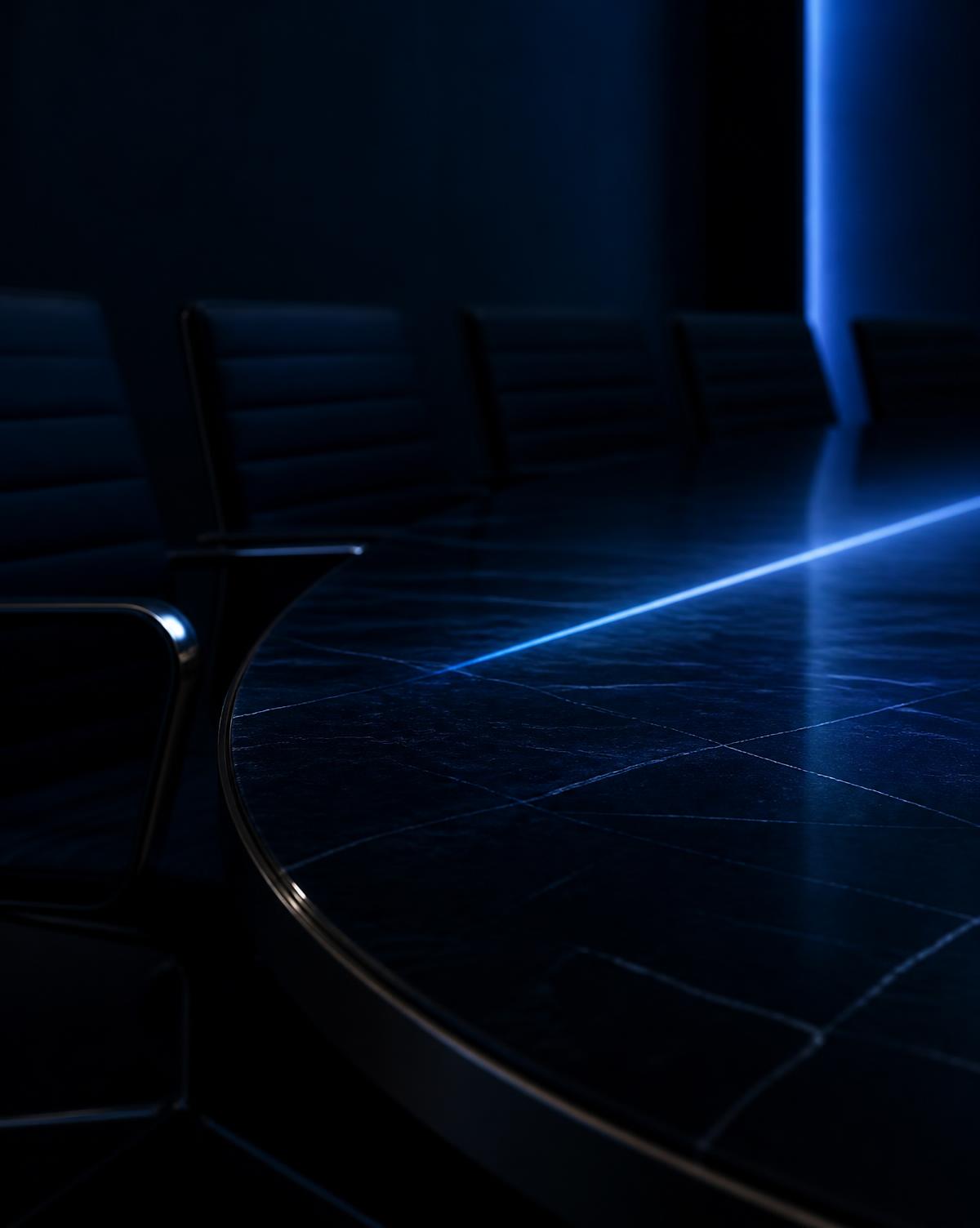 Sala de reunião executiva em tons escuros com linha de luz azul